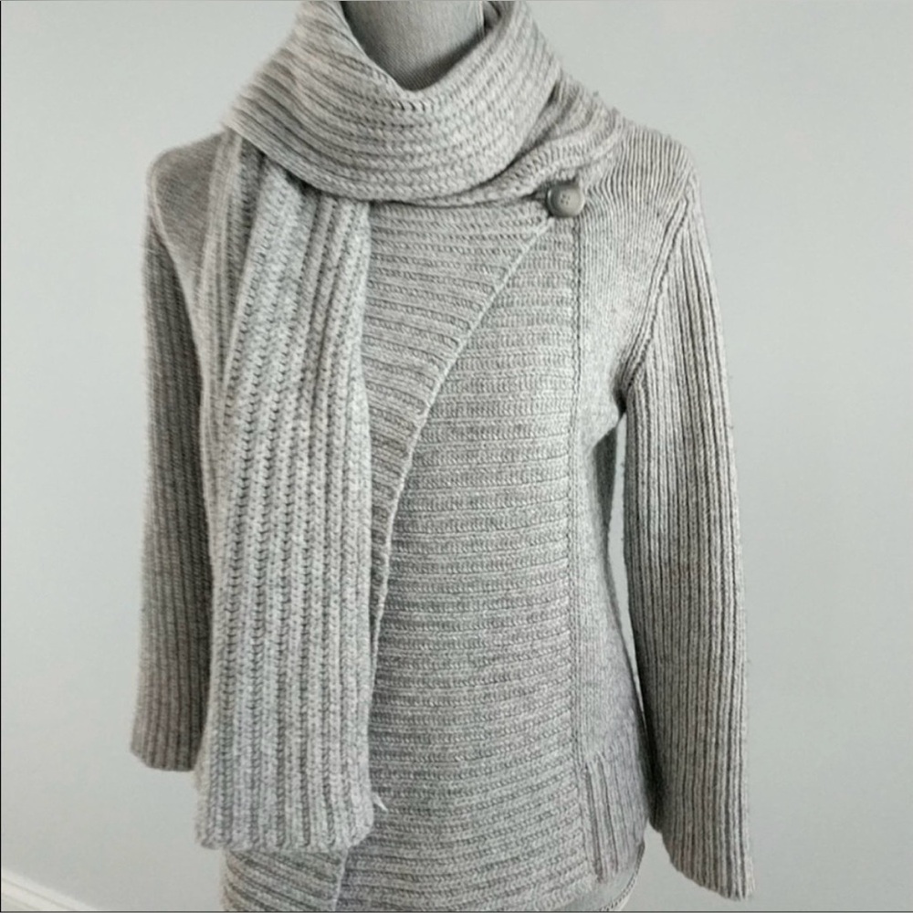 Theory SILVER HEATHER Ribbed Knit Cardigan With Integrated Scarf Petite S $335